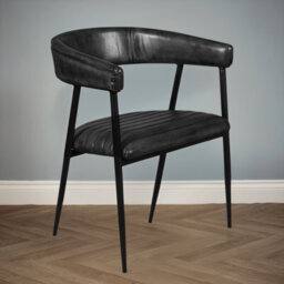Genuine Black Leather Dining Chair With Black Metal Frame  Ribbed Seat And Curved Back With 47 Cm Seat Height - thumbnail 7