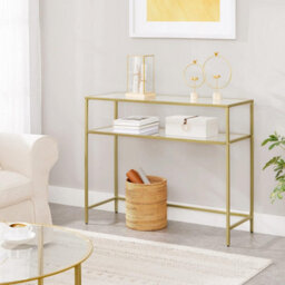 Songmics Console Table, Tempered Glass Table, Modern Sofa Or Entryway Table, Metal Frame, 2 Shelves, Adjustable Feet - thumbnail 2