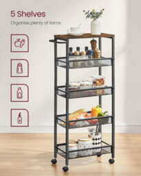 Songmics Vasagle 5-Shelf Trolley, Space-Saving Kitchen Cart With Castors, Steel Frame, Handle, For Small Spaces, Rustic Brown And Black - thumbnail 4
