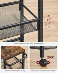 Songmics Vasagle 5-Shelf Trolley, Space-Saving Kitchen Cart With Castors, Steel Frame, Handle, For Small Spaces, Rustic Brown And Black - thumbnail 6