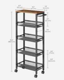 Songmics Vasagle 5-Shelf Trolley, Space-Saving Kitchen Cart With Castors, Steel Frame, Handle, For Small Spaces, Rustic Brown And Black - thumbnail 2