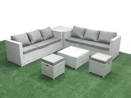 Fimous Rattan Garden Outdoor Furniture Set 8 Seater Rattan Garden Sofa Set 2 Small Stool Side Table Light Grey - thumbnail 2