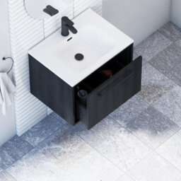 Royal Bathrooms Livora 600mm Black Woodgrain Wall Hung Bathroom Vanity Unit 1 Drawer With Ceramic Basin & Matt Black Handle - thumbnail 4