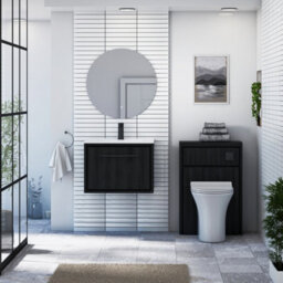 Royal Bathrooms Livora 600mm Black Woodgrain Wall Hung Bathroom Vanity Unit 1 Drawer With Ceramic Basin & Matt Black Handle - thumbnail 3