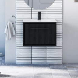 Royal Bathrooms Livora 600mm Black Woodgrain Wall Hung Bathroom Vanity Unit 1 Drawer With Ceramic Basin & Matt Black Handle