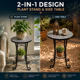 Shatchi Cairo Mosaic Plant Stand Side Table 35Cm Ceramic Tile Top Metal Frame For Indoor Outdoor Use - thumbnail 2
