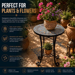 Shatchi Cairo Mosaic Plant Stand Side Table 35Cm Ceramic Tile Top Metal Frame For Indoor Outdoor Use - thumbnail 4