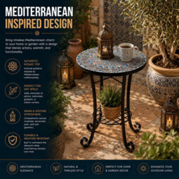 Shatchi Cairo Mosaic Plant Stand Side Table 35Cm Ceramic Tile Top Metal Frame For Indoor Outdoor Use - thumbnail 7