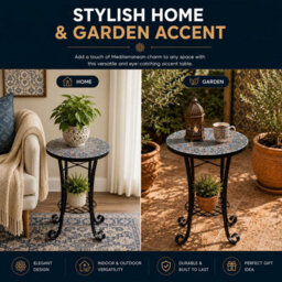 Shatchi Cairo Mosaic Plant Stand Side Table 35Cm Ceramic Tile Top Metal Frame For Indoor Outdoor Use - thumbnail 9