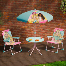 Relsy Kids Barbie Outdoor Bistro Patio Set: Table, 2X Chairs, Parasol - Garden Furniture For Children - thumbnail 2