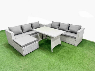 Fimous Rattan Garden Furniture Dining Set 7-Seater Patio Rectangular Table 3 Seater Sofa Set With Big Stool Light Grey - image 1