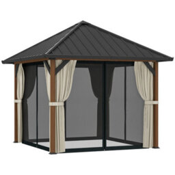 Outsunny 3 X 3(M) Metal Hardtop Gazebo With Netting And Curtains, Walnut - thumbnail 2