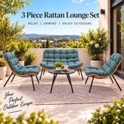 3 Piece Rattan Garden Furniture Set 3 Cushioned Sofa Chairs & Table For Patio Outdoor - thumbnail 2