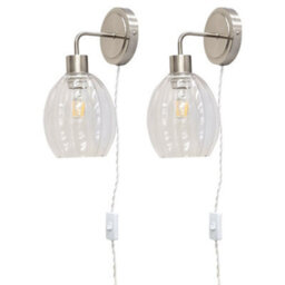 First Choice Lighting Set Of 2 Toby - Satin Nickel Plug In Wall Lights Fluted Shades - thumbnail 1
