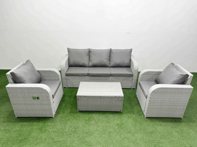 Fimous Pe Rattan Garden Furniture Set Reclining Chair Lounge Sofa Set Oblong Coffee Table Light Grey - image 1
