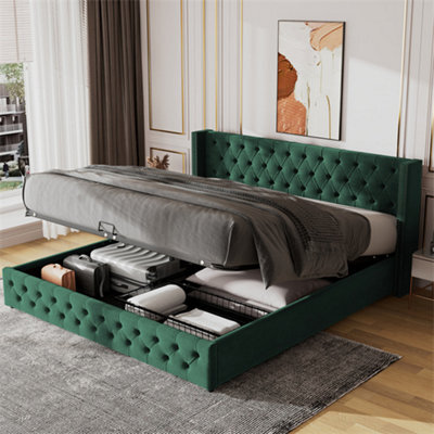 Abrihome Upholstered Velvet Bed 135X190Cm, Bed  With Hydraulic Storage & Lift Lever, Green - image 1