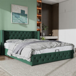Abrihome Upholstered Velvet Bed 135X190Cm, Bed  With Hydraulic Storage & Lift Lever, Green - thumbnail 9