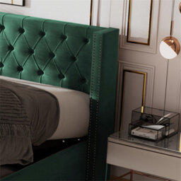 Abrihome Upholstered Velvet Bed 135X190Cm, Bed  With Hydraulic Storage & Lift Lever, Green - thumbnail 2