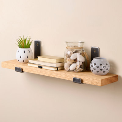 Off the Grain Oak Wall Shelves With Inverted Brackets - Narrow Wooden Shelves Pack Of 2 - 30Cm - image 1