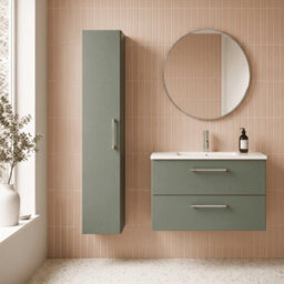 Balterley Bramshall Modern Bathroom 1 Soft Close Door Wall Hung Tall Storage Unit, Satin Green With Handle, 300 mm - thumbnail 2