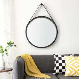 Aspect Furniture Leather Strap Wooden Wall Mirror/round Hanging Mirror ( Black , 50 Dia ) - thumbnail 3