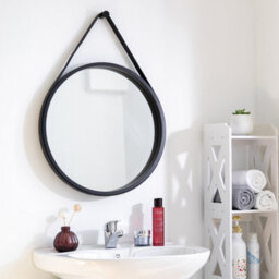 Aspect Furniture Leather Strap Wooden Wall Mirror/round Hanging Mirror ( Black , 50 Dia ) - thumbnail 2