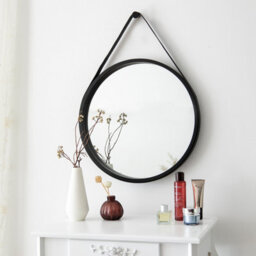 Aspect Furniture Leather Strap Wooden Wall Mirror/round Hanging Mirror ( Black , 50 Dia )