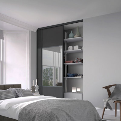 Spacepro Classic Wideline Mirrored Graphite Framed Sliding Wardrobe Door (H)2220mm (W)762mm - image 1