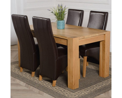 That's Furniture Kuba 150 X 85 Cm Chunky Medium Oak Dining Table And 4 Chairs Dining Set With Lola Brown Leather Chairs - image 1