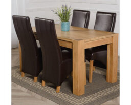 That's Furniture Kuba 150 X 85 Cm Chunky Medium Oak Dining Table And 4 Chairs Dining Set With Lola Brown Leather Chairs