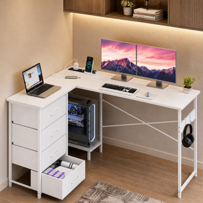 Levede Corner Desk,l Shaped With Drawers,power Outlet,office Gaming,wood,white - image 1