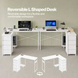 Levede Corner Desk,l Shaped With Drawers,power Outlet,office Gaming,wood,white - thumbnail 9