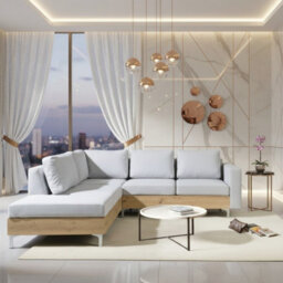 Orlando Wood Corner Sofa For Living Room With Metal Legs Wooden Frame And Cushions 2355X212X85 Cm Light Grey And Artisan Left - thumbnail 1