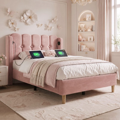 Merax 3Ft Single Bed 90X190 Cm, Velvet Upholstered Bed With Usb & Type-C Charging, Panel Headboard, Bedroom & Guest Room, Pink - image 1