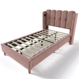 Merax 3Ft Single Bed 90X190 Cm, Velvet Upholstered Bed With Usb & Type-C Charging, Panel Headboard, Bedroom & Guest Room, Pink - thumbnail 7