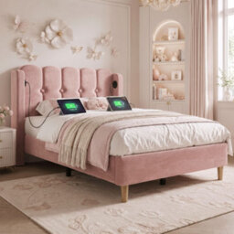 Merax 3Ft Single Bed 90X190 Cm, Velvet Upholstered Bed With Usb & Type-C Charging, Panel Headboard, Bedroom & Guest Room, Pink - thumbnail 1