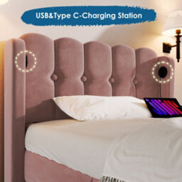 Merax 3Ft Single Bed 90X190 Cm, Velvet Upholstered Bed With Usb & Type-C Charging, Panel Headboard, Bedroom & Guest Room, Pink - thumbnail 5
