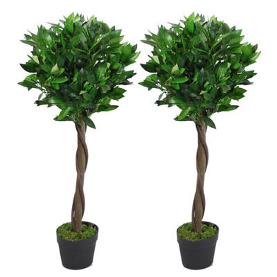 Leaf Pair Of 90Cm (3Ft) Twisted Stem Artificial Topiary Bay Laurel Ball Trees - image 1