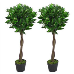 Leaf Pair Of 90Cm (3Ft) Twisted Stem Artificial Topiary Bay Laurel Ball Trees - thumbnail 1