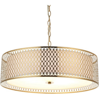 Loops Hanging Ceiling Pendant Light - Gold Effect Plate White Fabric & Frosted Glass - 3 X 10W Led E27 - image 1