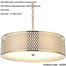 Loops Hanging Ceiling Pendant Light - Gold Effect Plate White Fabric & Frosted Glass - 3 X 10W Led E27 - thumbnail 2
