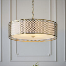 Loops Hanging Ceiling Pendant Light - Gold Effect Plate White Fabric & Frosted Glass - 3 X 10W Led E27 - thumbnail 3