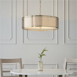 Loops Hanging Ceiling Pendant Light - Gold Effect Plate White Fabric & Frosted Glass - 3 X 10W Led E27 - thumbnail 4