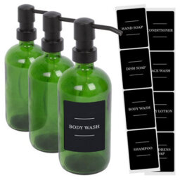 Harbour Housewares Glass Soap Dispensers With Labels - 500Ml - Green/black - Pack Of 3 Refillable Kitchen Bathroom Pump Bottles