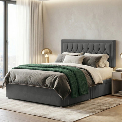 Adore Designs Diamond Cut Plush Velvet Divan Bed, Headboard - 6Ft Super King - Grey - 2 Drawers Same Side - image 1