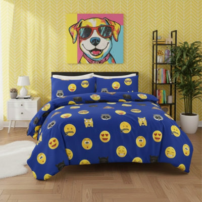 Emoji Print Duvet Cover Set Cool Playful Bedding With Pillowcases Blue - image 1