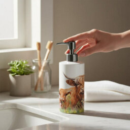 Purely Home Highland Cow & Calf Stainless Steel Soap Dispenser - Pump Action Refillable Bathroom & Kitchen Décor - thumbnail 2