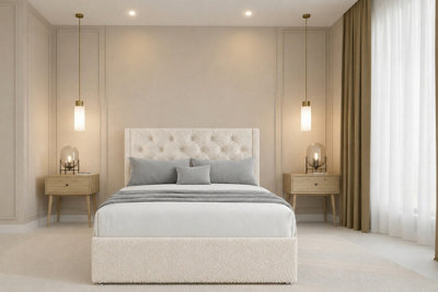 "Chester & Oakley Beds Chester & Oakley Luxora Cream Teddy Divan Bed Base No Drawers With 54"" Floor Standing Winged Headboard 6' Super King" - image 1