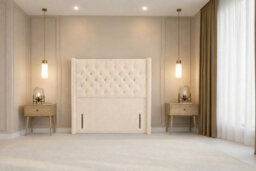 "Chester & Oakley Beds Chester & Oakley Luxora Cream Teddy Divan Bed Base No Drawers With 54"" Floor Standing Winged Headboard 6' Super King" - thumbnail 5