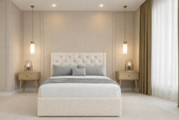 "Chester & Oakley Beds Chester & Oakley Luxora Cream Teddy Divan Bed Base No Drawers With 54"" Floor Standing Winged Headboard 6' Super King" - thumbnail 1